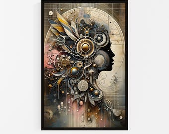 Steampunk Silhouette Geometric Art Print: Woman Warrior Print, Metallic Wall Poster, Art Deco Decor