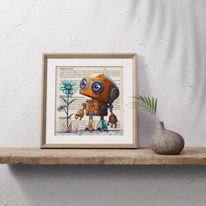 Puede incluir: Una ilustraci&oacute;n enmarcada de un robot de dibujos animados con detalles naranja, azul y verde de pie junto a una flor azul sobre un fondo de texto impreso. El robot tiene ojos grandes y azules y una expresi&oacute;n amigable.