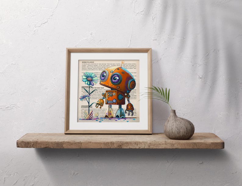 Puede incluir: Una ilustraci&oacute;n enmarcada de un robot de dibujos animados con detalles naranja, azul y verde de pie junto a una flor azul sobre un fondo de texto impreso. El robot tiene ojos grandes y azules y una expresi&oacute;n amigable.