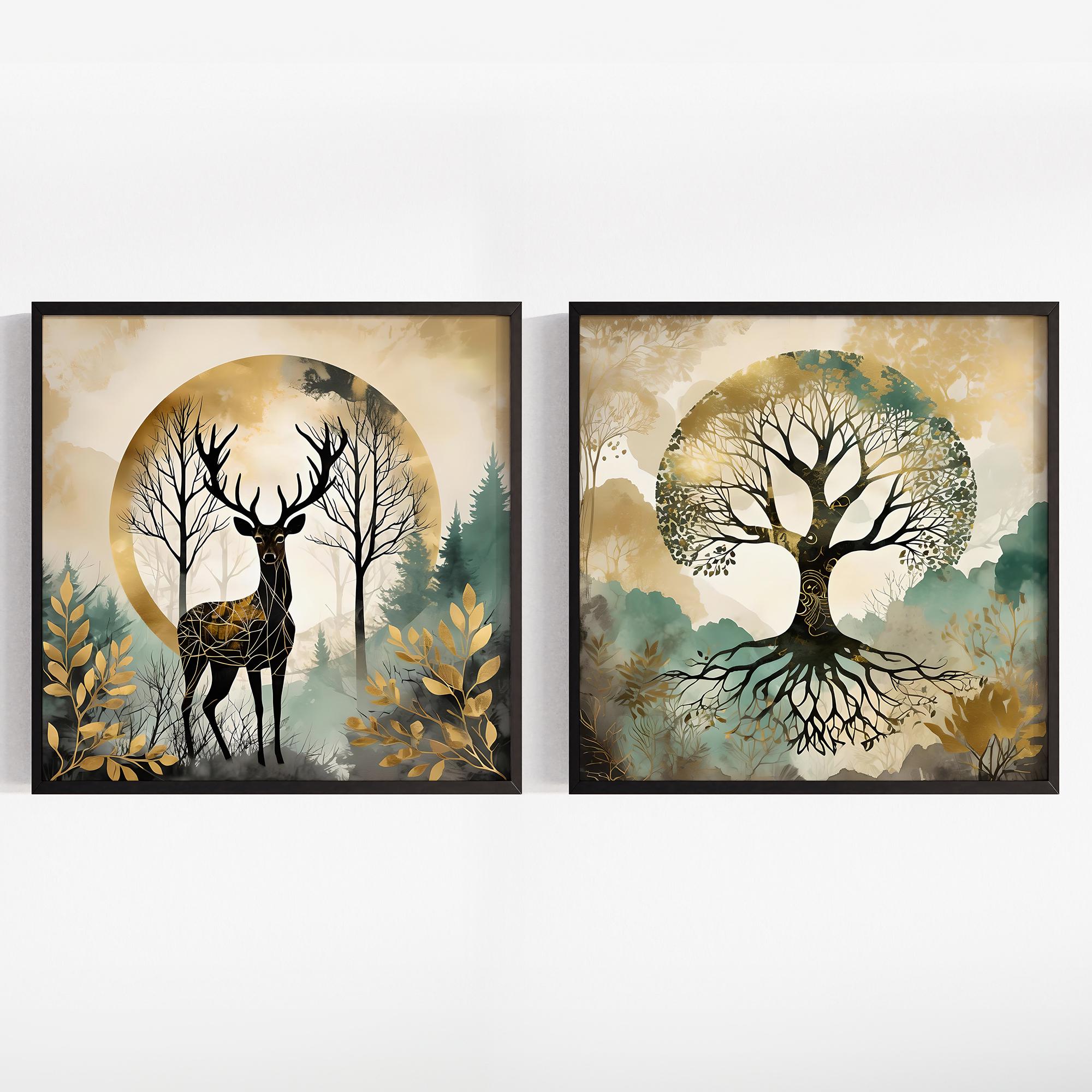 Tree of Life and Stag Print Set, Modern Woodland Decor, Botanical Green & Gold Boho Art, Nature Lover Gift, Set of 2 Unframed Prints