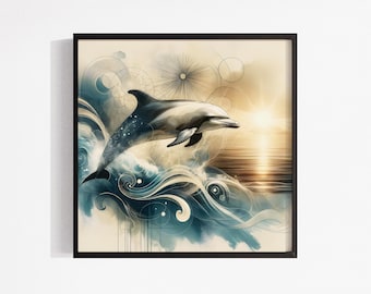 Lámina artística del amanecer con delfines: Océano sereno y arte de la naturaleza sanadora.
