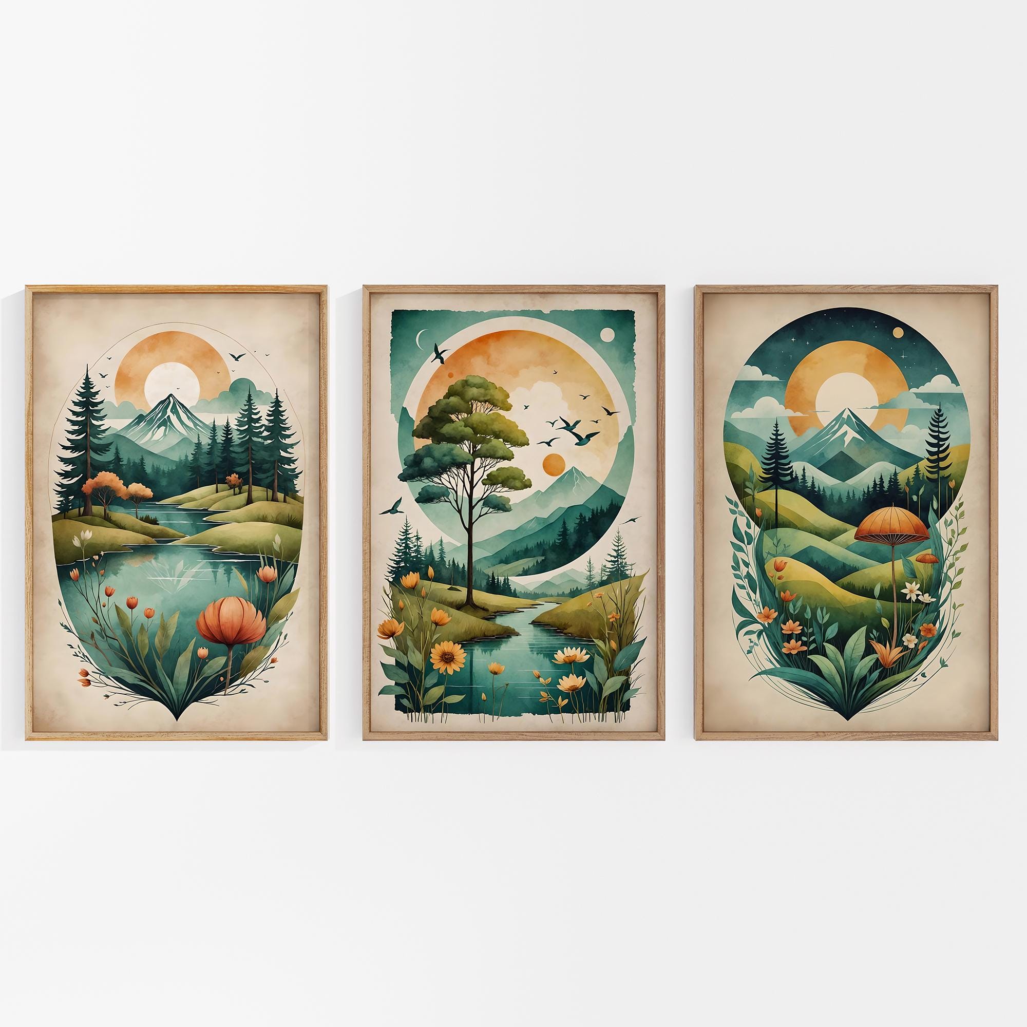 Serene Mountain & Forest Prints: Folk Art Minimalist Nature Triptych, Vintage Landscape Set of 3, Unframed