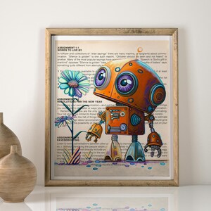 Puede incluir: Una ilustraci&oacute;n colorida de un robot con una gran cabeza naranja y una flor azul. El robot est&aacute; de pie en una p&aacute;gina de texto con las palabras "Assignment 1-1 Words to Live By" y "Assignment 2 Resolutions for the New Year".