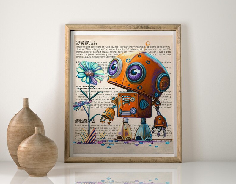 Puede incluir: Una ilustraci&oacute;n colorida de un robot con una gran cabeza naranja y una flor azul. El robot est&aacute; de pie en una p&aacute;gina de texto con las palabras "Assignment 1-1 Words to Live By" y "Assignment 2 Resolutions for the New Year".
