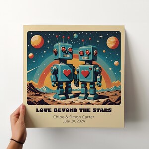 Impresión artística personalizada de pareja de robots retro: arte robótico personalizado para un regalo único de aniversario o boda. A - Blue