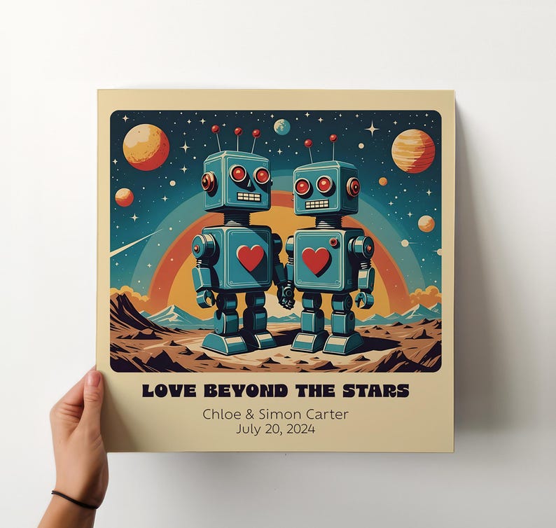 Impresión artística personalizada de pareja de robots retro: arte robótico personalizado para un regalo único de aniversario o boda. A - Blue