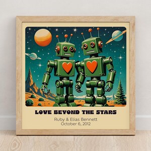 Impresión artística personalizada de pareja de robots retro: arte robótico personalizado para un regalo único de aniversario o boda. imagen 10