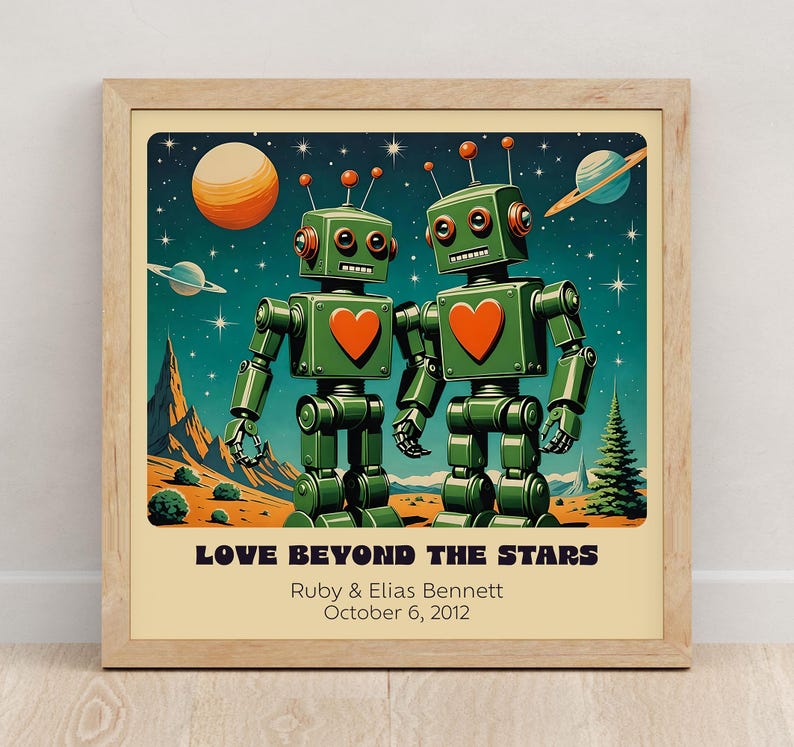 Impresión artística personalizada de pareja de robots retro: arte robótico personalizado para un regalo único de aniversario o boda. imagen 10