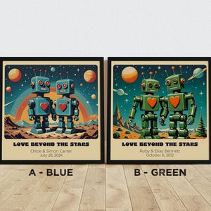 Impresión artística personalizada de pareja de robots retro: arte robótico personalizado para un regalo único de aniversario o boda. imagen 6
