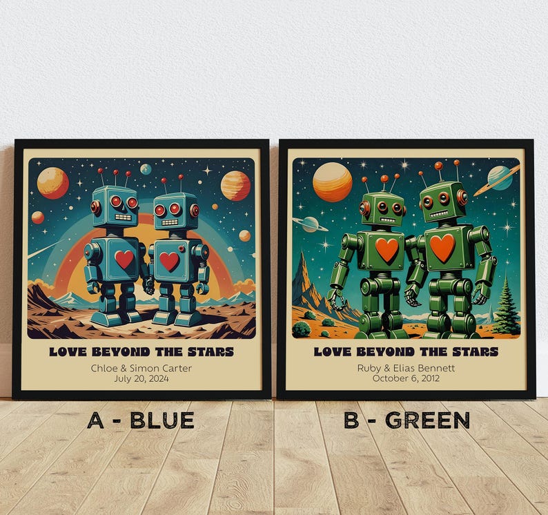 Impresión artística personalizada de pareja de robots retro: arte robótico personalizado para un regalo único de aniversario o boda. imagen 6