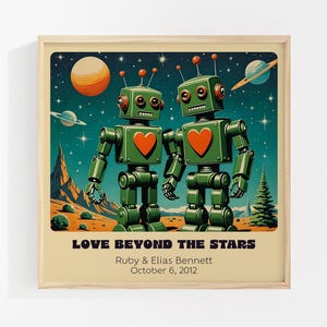 Impresión artística personalizada de pareja de robots retro: arte robótico personalizado para un regalo único de aniversario o boda. imagen 2