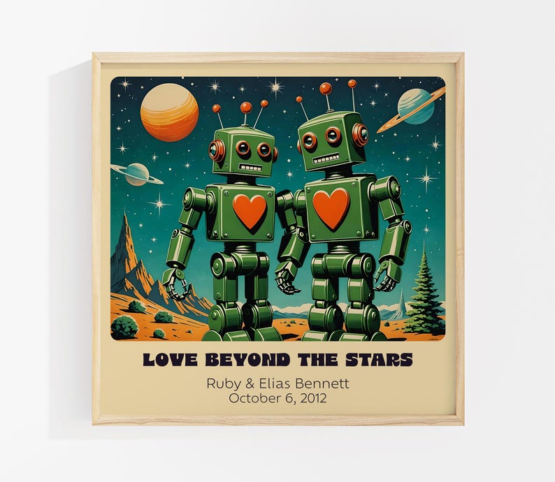 Impresión artística personalizada de pareja de robots retro: arte robótico personalizado para un regalo único de aniversario o boda. imagen 2