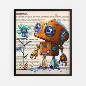 Lámina artística de robot bronce: Arte de página de libro con robot pintado a mano, impresión de pintura al óleo original, regalo para amantes de los libros. imagen 7