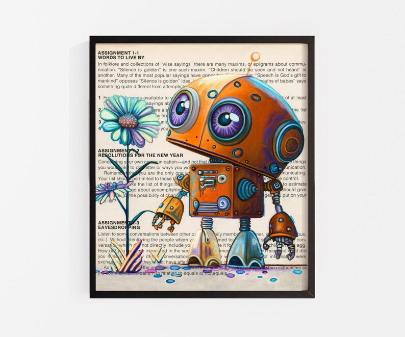 Lámina artística de robot bronce: Arte de página de libro con robot pintado a mano, impresión de pintura al óleo original, regalo para amantes de los libros. imagen 7