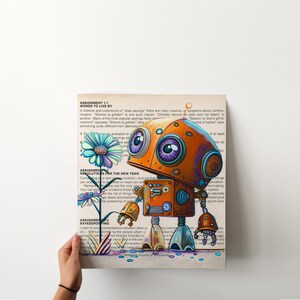 Puede incluir: Una ilustraci&oacute;n colorida de un robot con detalles naranja y azules, sosteniendo una flor con p&eacute;talos azules y amarillos. La ilustraci&oacute;n est&aacute; impresa en una p&aacute;gina de un libro con texto sobre palabras para vivir, resoluciones para el nuevo a&ntilde;o y escuchar a escondidas.