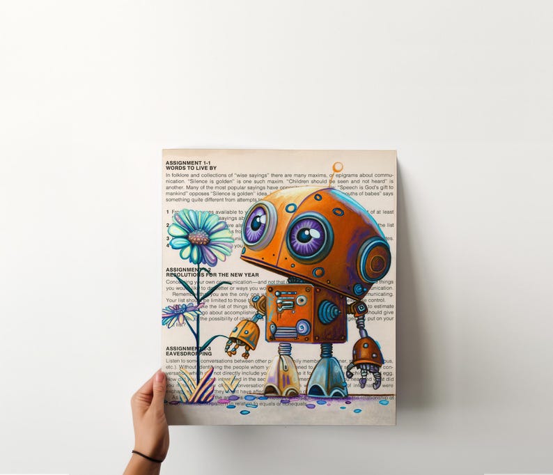 Puede incluir: Una ilustraci&oacute;n colorida de un robot con detalles naranja y azules, sosteniendo una flor con p&eacute;talos azules y amarillos. La ilustraci&oacute;n est&aacute; impresa en una p&aacute;gina de un libro con texto sobre palabras para vivir, resoluciones para el nuevo a&ntilde;o y escuchar a escondidas.