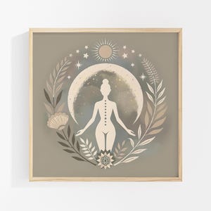 Moon Goddess Art Print: Floral Boho Meditation Print, Neutral Yoga Decor, Sacred Feminine Artwork, Self-Care Decor, Gift for Her imagem 1