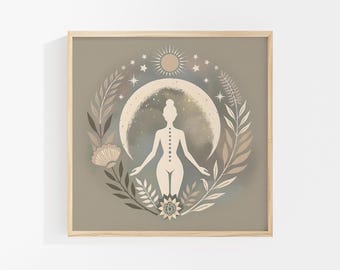 Moon Goddess Art Print: Floral Boho Meditation Print, Neutral Yoga Decor, Sacred Feminine Artwork, Self-Care Decor, Gift for Her