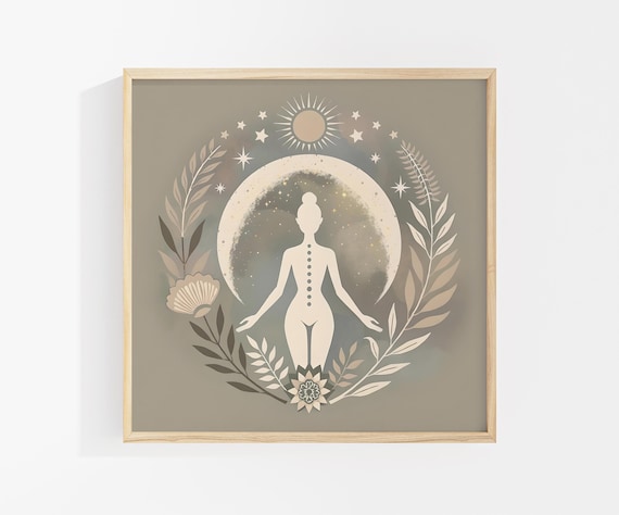 Moon Goddess Art Print: Floral Boho Meditation Print, Neutral Yoga Decor, Sacred Feminine Artwork, Self-Care Decor, Gift for Her