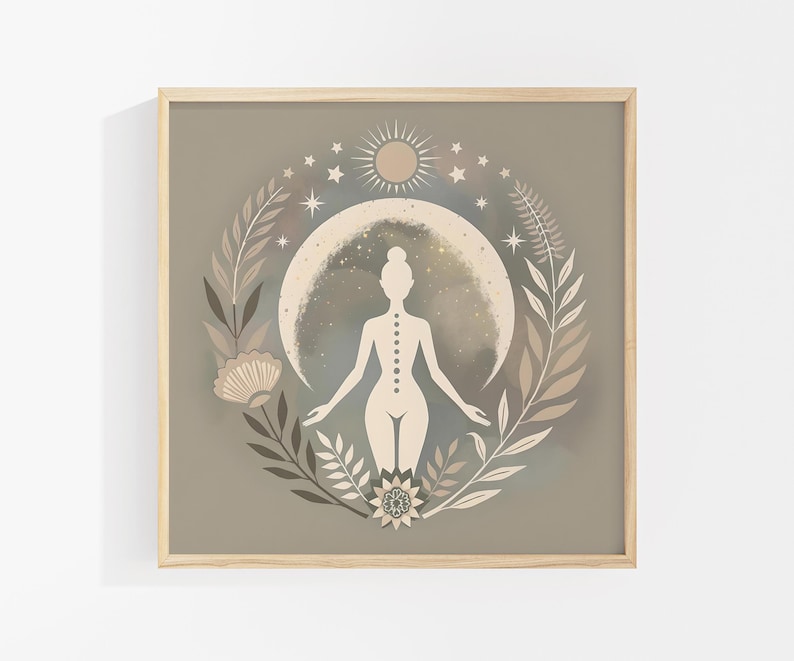 Moon Goddess Art Print: Floral Boho Meditation Print, Neutral Yoga Decor, Sacred Feminine Artwork, Self-Care Decor, Gift for Her imagem 1