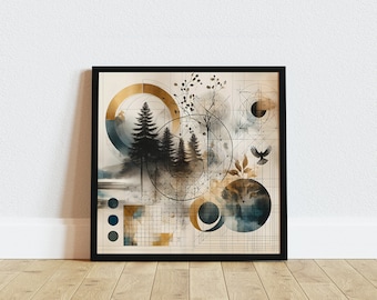 Modern Abstract Forest Geometric Art Print, Minimalist Nature Print, Surreal Nature-Inspired Décor, Trees & Birds, Unframed Wall Poster