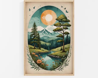 Láminas de arte popular de montaña y bosque: paisajes estilo acuarela, naturaleza, juego de 2