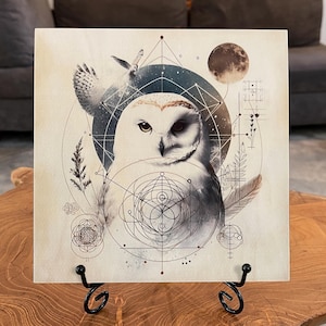 Puede incluir: Impresión cuadrada con una ilustración detallada de un búho con formas geométricas, una luna y un pájaro volando. El búho es principalmente blanco y gris, sobre un fondo neutro. La impresión se muestra en un soporte de metal negro.