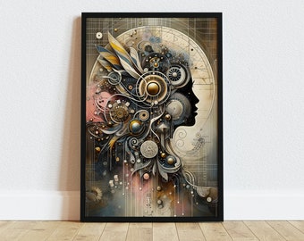 Steampunk Silhouette Geometric Print, Woman Warrior Print, Metallic Wall Poster, Art Deco Décor, Unframed Wall Art Poster