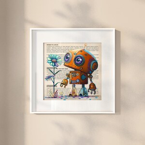 Puede incluir: Un robot de dibujos animados con cuerpo naranja y marr&oacute;n, ojos azules y engranajes plateados, sosteniendo una flor con p&eacute;talos azules y blancos. El robot est&aacute; de pie en una p&aacute;gina de un libro con texto sobre "Words to Live By".