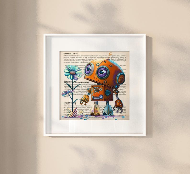 Puede incluir: Un robot de dibujos animados con cuerpo naranja y marr&oacute;n, ojos azules y engranajes plateados, sosteniendo una flor con p&eacute;talos azules y blancos. El robot est&aacute; de pie en una p&aacute;gina de un libro con texto sobre "Words to Live By".