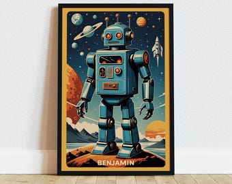 Personalized Retro Robot Print, Customizable Wall Art, Kids Bedroom Décor, Vintage Robot Poster, Robot Art, Unframed