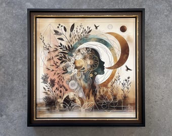 Mystic Bloom Female Silhouette Hand-Framed Print, Moon Garden Geometric Silhouette Art, Earth Tones Decor, Handmade Art Gift, READY TO SHIP