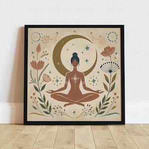 Boho Meditation Art Print, Spiritual Vintage Décor, Feminine Energy Art, Mindfulness Zen Print, Mystic Floral Wellness, Unframed Print