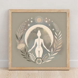 Moon Goddess Art Print: Floral Boho Meditation Print, Neutral Yoga Decor, Sacred Feminine Artwork, Self-Care Decor, Gift for Her imagem 4