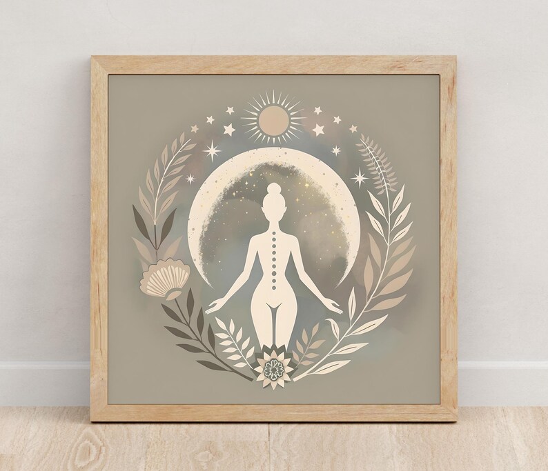 Moon Goddess Art Print: Floral Boho Meditation Print, Neutral Yoga Decor, Sacred Feminine Artwork, Self-Care Decor, Gift for Her imagem 4