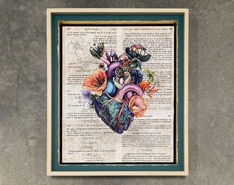 Colorful Heart with Flowers Painting, Hand-Framed Print of Original Oil Painting on Book Pages,  Unique Nurse Art Gift, Eclectic Home Decor