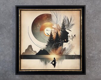 Reflective Nature Meditation Hand-Framed Print, Metaphysical Décor with Silhouette and Geometric Elements, Handmade Art Gift, READY TO SHIP