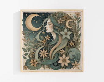 Art Nouveau Moon Goddess Print: Divine Feminine Wall Art with Mystical and Celestial Energy