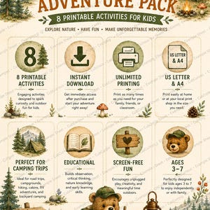 Pack de aventuras de camping para niños / 8 actividades imprimibles, búsqueda del tesoro, bingo de la naturaleza (descarga en PDF)