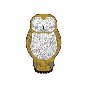 May include: A stylized illustration of a brown owl with closed eyes. The owl has white feathers and a detailed pattern on its body.