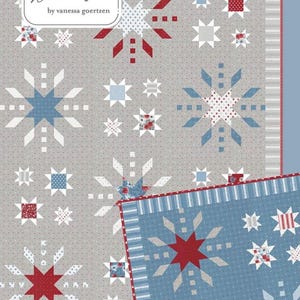 May include: A quilt pattern featuring a starburst design in red, white, and blue on a gray background. The pattern includes the text "Lella Boutique" and "Grand Finale".