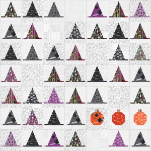 May include: A repeating pattern of Halloween witch hats in various colors and designs, including black, purple, and green, set against a white background. The image also features three orange pumpkin decorations.