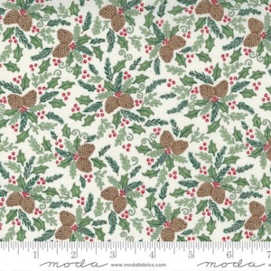 May include: Off-white fabric with a repeating pattern of brown pinecones, green holly leaves, and red berries. The design is evenly spaced across the fabric, creating a festive, seasonal look. The fabric has a ruler along the bottom edge.