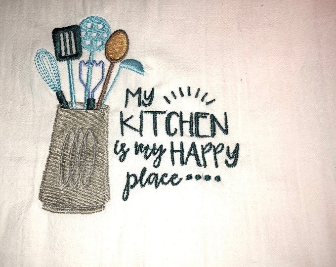Kitchen Embroidered Tea Towel, Kitchen Table, Flour Sack Towel, kItchen Tea Towel