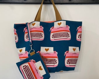 Chubby tote with Ruby Star Typewriter canvas fabric. Bonus matching zipper pouch included!