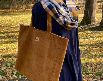 large corduroy tote, copper color, coordinating fabric lining with inside pocket