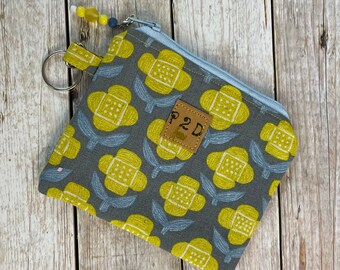 Coin, change purse, zipper pouch, holds cash, cards, make-up, attached key ring