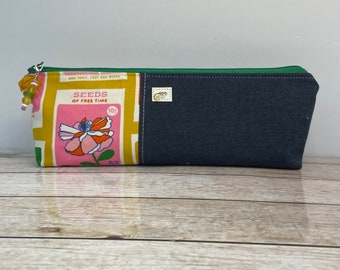 Extra Long Pencil Case for art, sewing, or school supply organization.  Ruby Star seed pack  fabric with a flat bottom and wide open top.