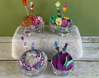 Vintage salt cellar pin cushions, with handmade beaded pins,  a perfect gift for the sewist in your life.