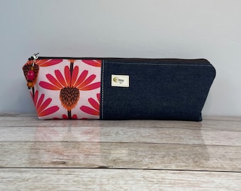 Extra Long Pencil Case for art, sewing, or school supply organization.  Anna Maria Horner fabric with a flat bottom and wide open top.